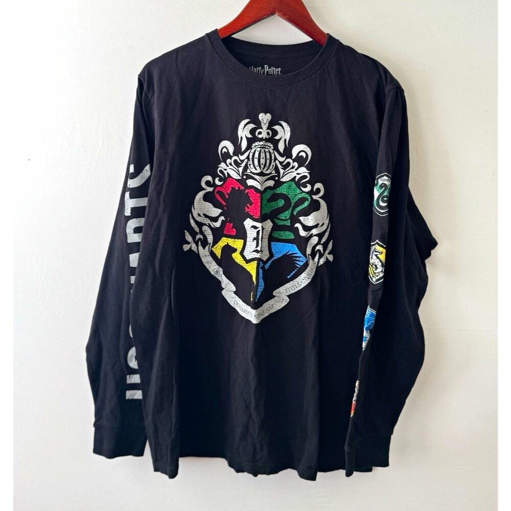 Harry Potter Hogwarts Crest Black Long Sleeve Shirt 100% Cotton Size L